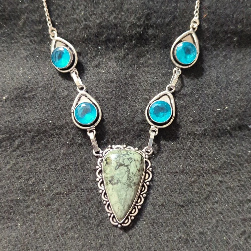 Silver Plated Green Moss Agate Gemstone Blue Crystal Statement Necklace